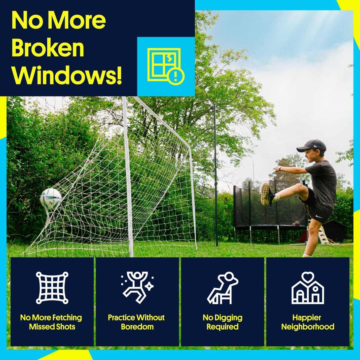 Side angle of the football goal showing rebound and backstop