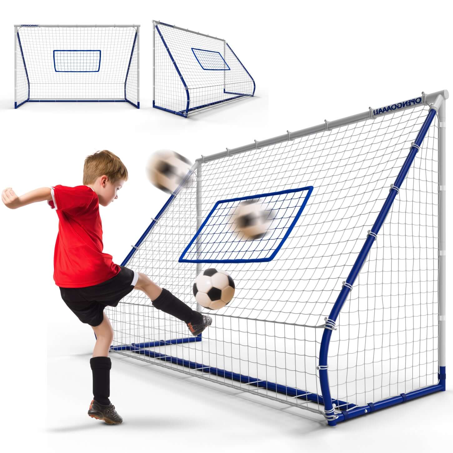 3-in-1 Football Rebounder Goal Trainer with foldable steel frame and net for soccer passing and shooting practice