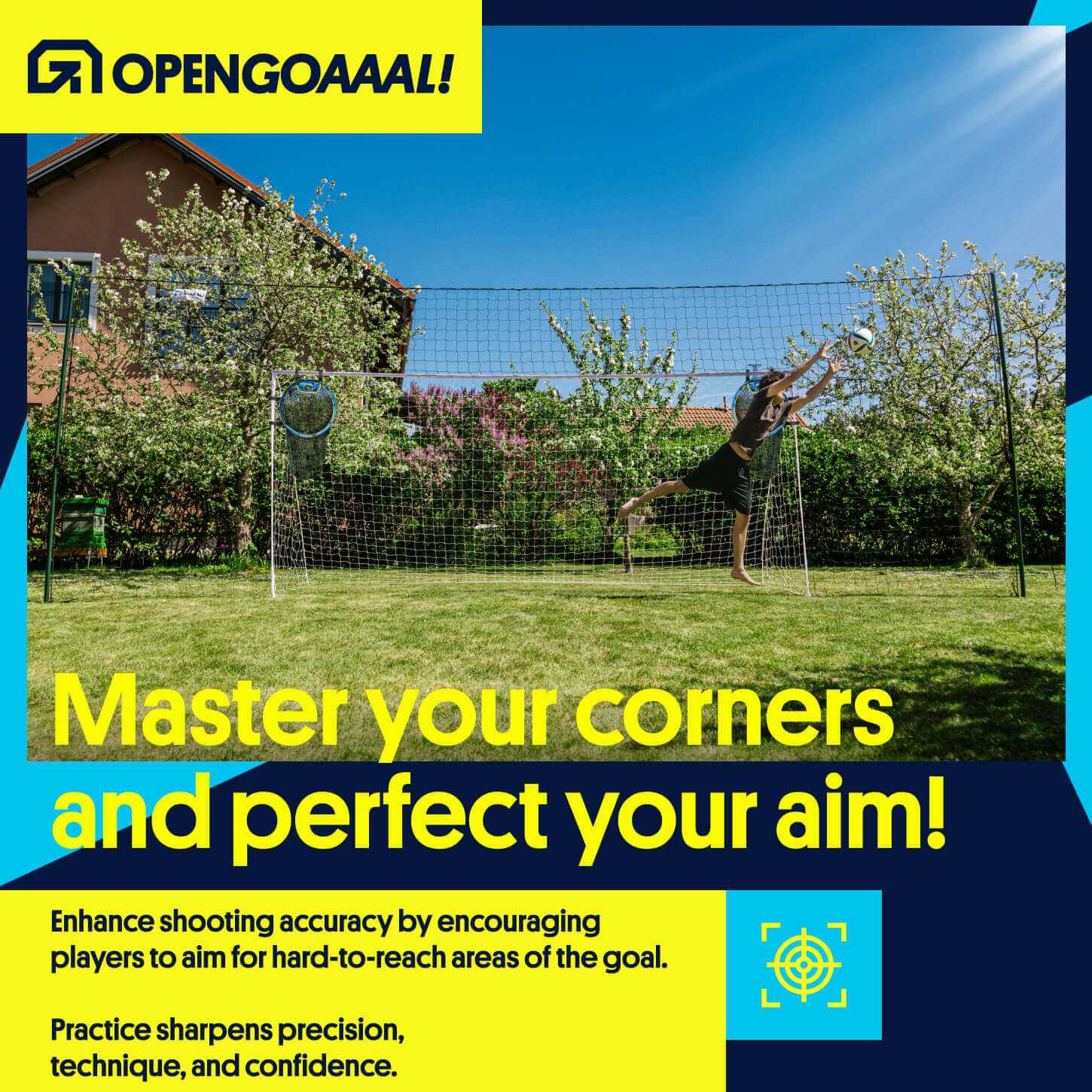 Football hitting upper corner target during precision training