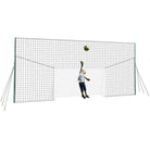 Football goal with integrated rebounder and backstop net for home training.