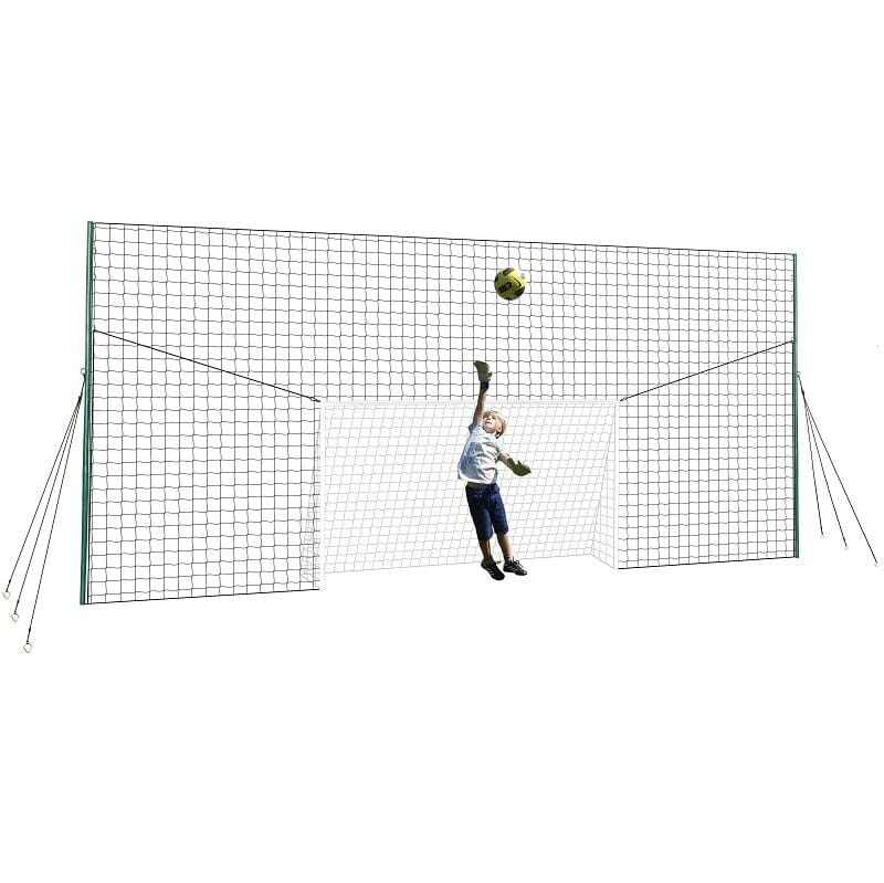 Football goal with integrated rebounder and backstop net for home training.