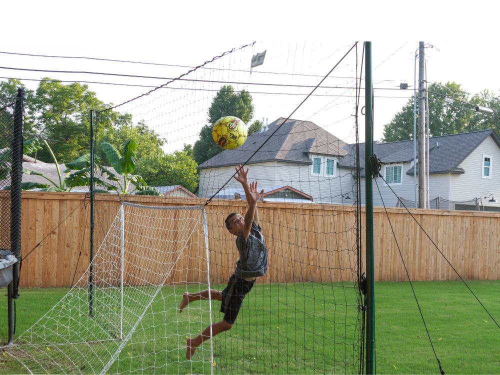 Zoomed-in view of weatherproof football goal netting
