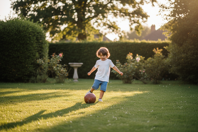 Child playing football in a garden at golden hour