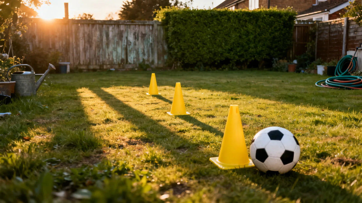 A back garden lawn in low evening sun with three yellow training cones set in a line and a football resting beside the nearest one