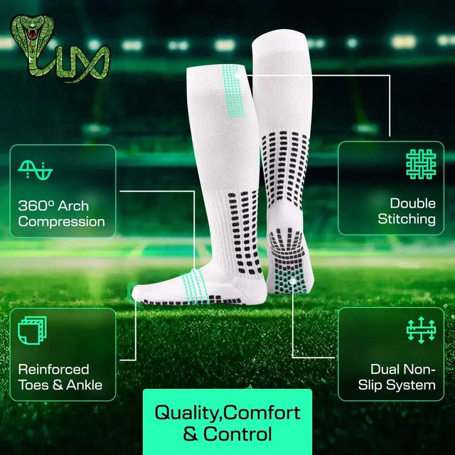 Close-up of LUX Sports anti slip football socks showing inner and outer grip design