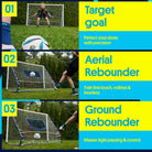 Image showcasing the 3-in-1 football rebounder goal trainer with options for target goal, aerial and ground rebound training.