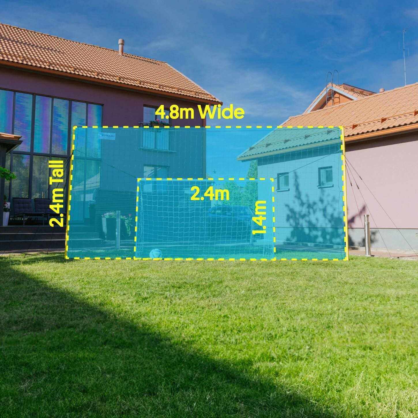 Football goal for kids with 3-in-1 design including goal, rebounder, and backstop net, measuring 4.8m wide and 2.4m tall, ideal for backyard play.