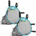 Football goal corner targets, adjustable straps, durable polyester, metal frame, waterproof netting.