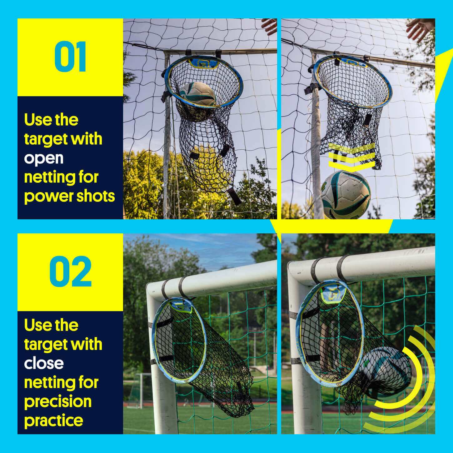 Close-up of top corner target on a football goal net