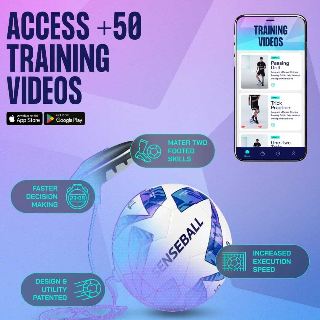 Football Kick Trainer with Size 3 Blue Ball, SenseBall app access for training videos and skill improvement.