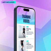Football Kick Trainer with app for guided videos and drills on mobile screen.