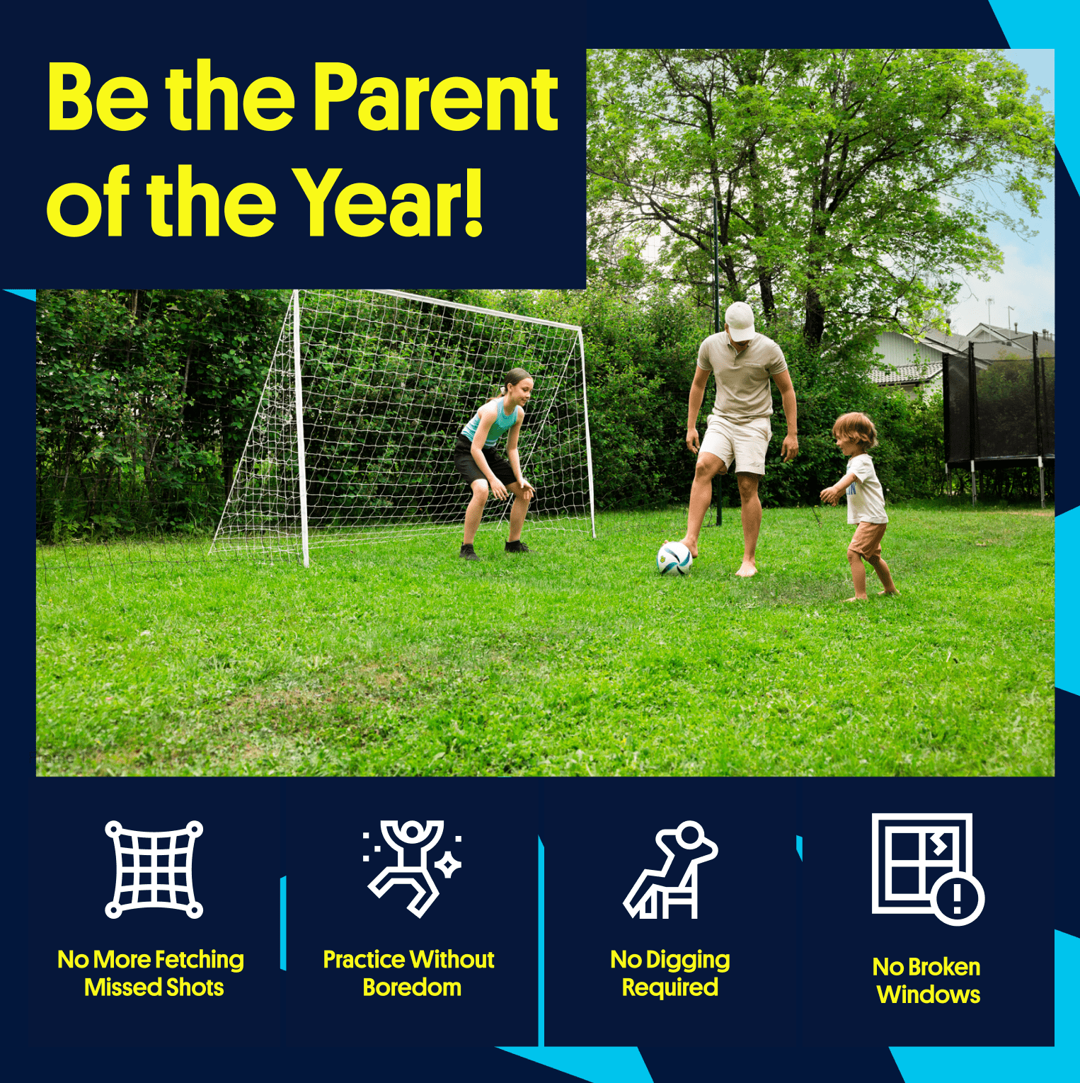 Kid shooting football into large garden goal with net return