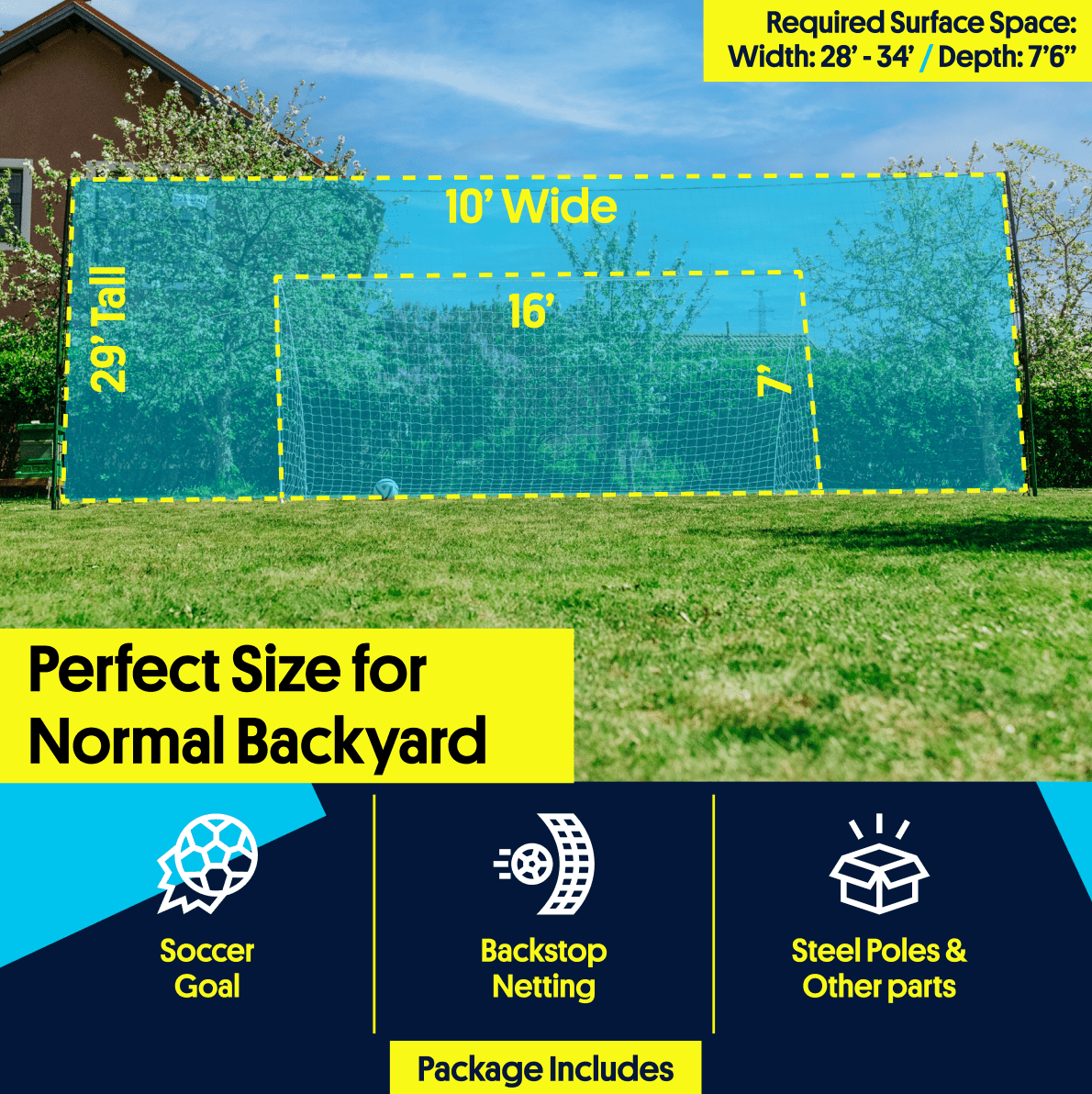 Football goal for the garden with wide backstop to catch missed shots