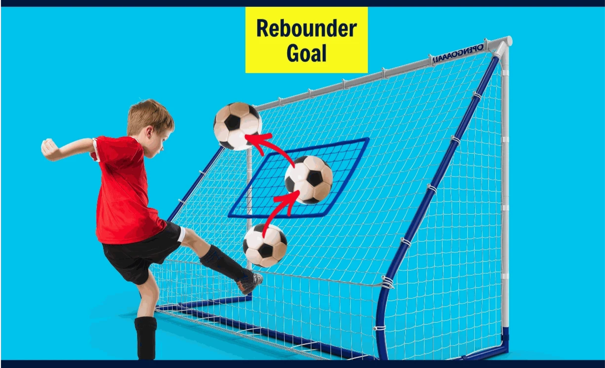Triple Function Rebounder Goal set up in a backyard, showing ground pass, aerial, and rebound net modes for football training.