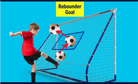 Triple Function Rebounder Goal set up in a backyard, showing ground pass, aerial, and rebound net modes for football training.